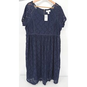 Motherhood Maternity Dress Womens 1X Navy Blue Lace Eyelet Short Sleeve NWT